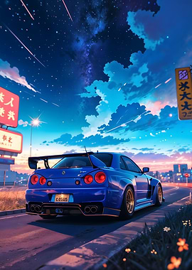 Blue Nissan Skyline R34 Japanese