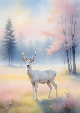White Deer in Misty Forest