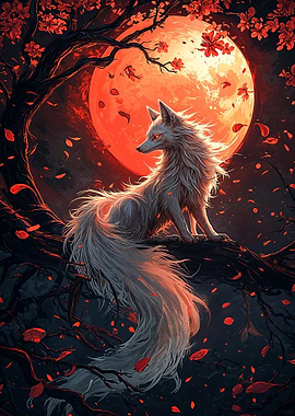 White Fox Under Blood Moon