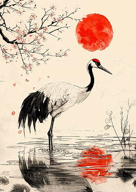 Crane and Red Moon