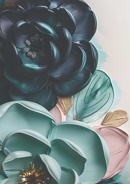 Teal and Gold Floral Art