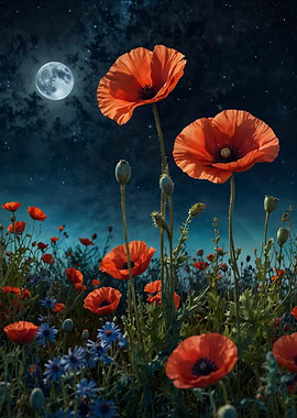 Poppy Field Under Moonlight