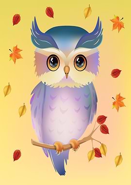 Cute Owl with Autumn Leaves
