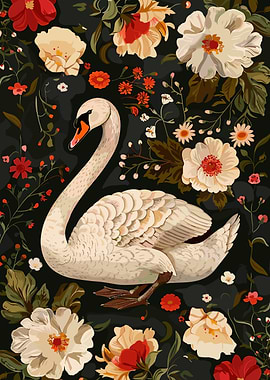 Swan in Floral Garden