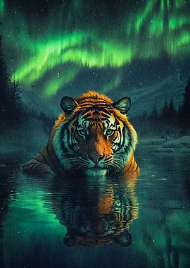 Tiger Under Aurora Borealis