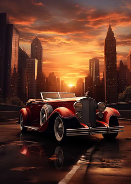 Vintage Car Sunset Cityscape