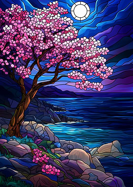 Stained Glass Cherry Blossom Night