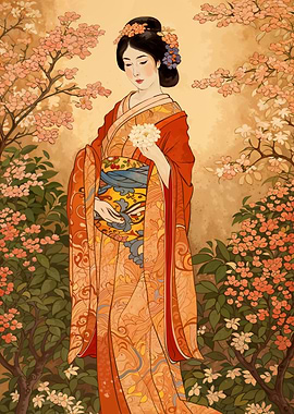 Geisha in Cherry Blossom Garden