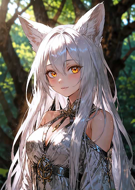 White-Haired Anime Girl with Fox Ears