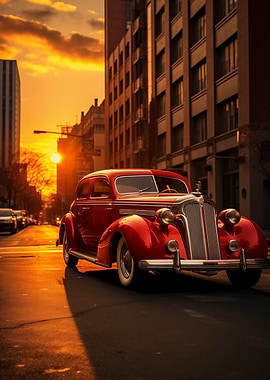 Vintage Red Car Sunset