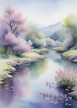 Watercolor River Landscape