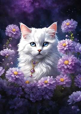 White Cat with Purple Flowers