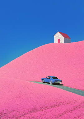 Blue Car on Pink Hill