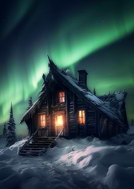 Cabin Under Aurora Borealis