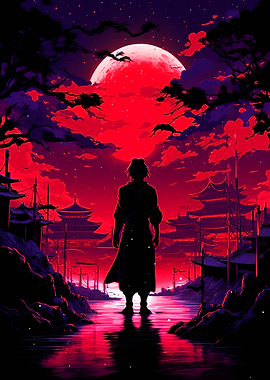 Silhouette Under Red Moon