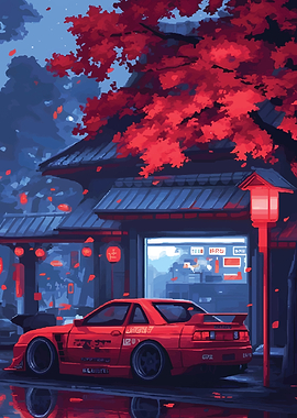 Red Car in Japanese Street