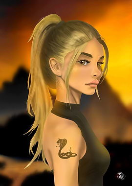 Woman with Snake Tattoo at sunset