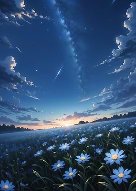 Blue Flowers and Starry Sky