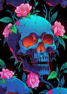 Neon Skull with Roses