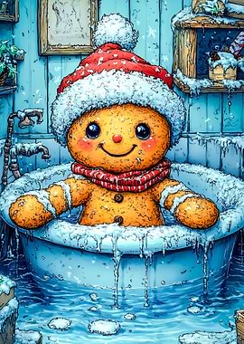 Gingerbread Man in a Snowy Bath Toilet Christmas