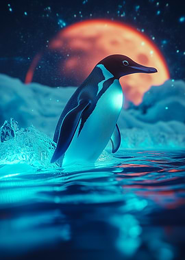 Penguin Under a Red Moon