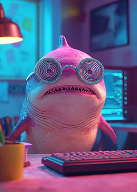 Burnt Out Shark in Glasses at Computer