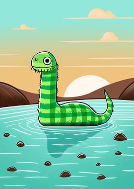 Cute Green Nessie in Lake