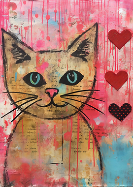 Valentine Cat with Hearts Painting