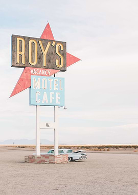 Route 66, USA I Vintage retro neon and American car at Roy's Motel Cafe in the California desert to the minimalist geometric pastel summer aesthetic of a travel trip to the West Coast countryside