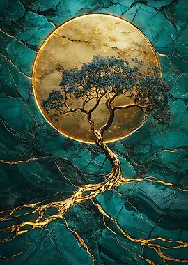 Golden Tree on Teal Marble
