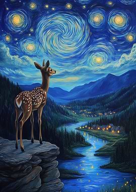 Deer Under Starry Sky