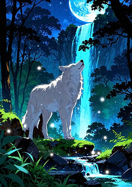 Wolf Under Moonlight Waterfall