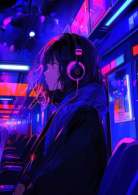Anime Girl in Neon Train