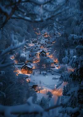 Winter Snowy Village Night