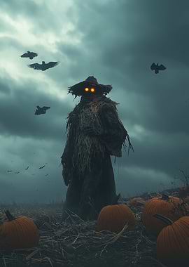 Eerie Scarecrow in Pumpkin Patch