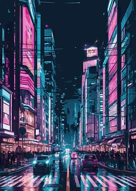 Neon Tokyo City in Night Cityscape Japanese Art Painting Lover Gift
