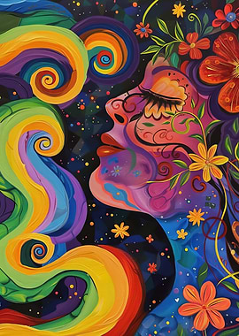 Abstract Woman with Flowers in Space