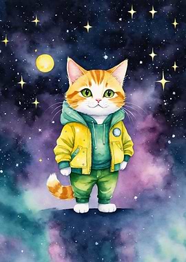 Watercolor Cat in Space