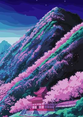 Japanese Mountain Temple Old House Landscape Art