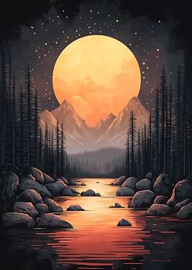 Moonlit Mountain Lake Japanese Landscape