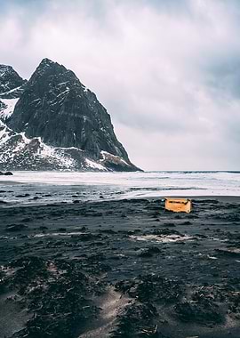 Lonely Box on Black Sand Beach at Kvalvika Lofoten
