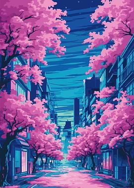 Cherry Blossom Cityscape Tokyo City with Cute Pink Sakura Trees and Flowers