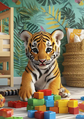 Cute Tiger Cub with Blocks