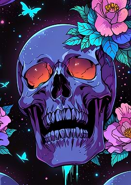 Skull with Flowers and Stars