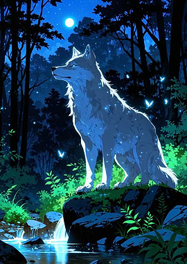 White Wolf in Moonlight Forest