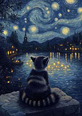 Raccoon Under Starry Night