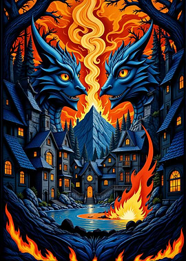 Stone dragon guardians and fire in village