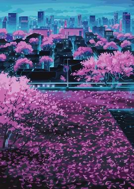 Neon Cityscape with Cherry Blossoms Pink Sakura Trees Japanese Art