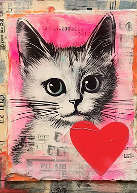 Valentine Cat Collage with Heart
