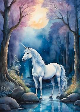 Unicorn in Moonlight Forest